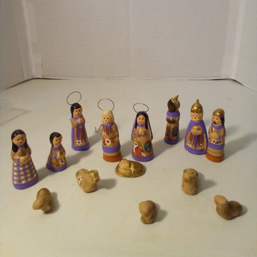 Vintage Terra Cotta Nativity Set Hand Painted Purple Gold Damage 14 Piece